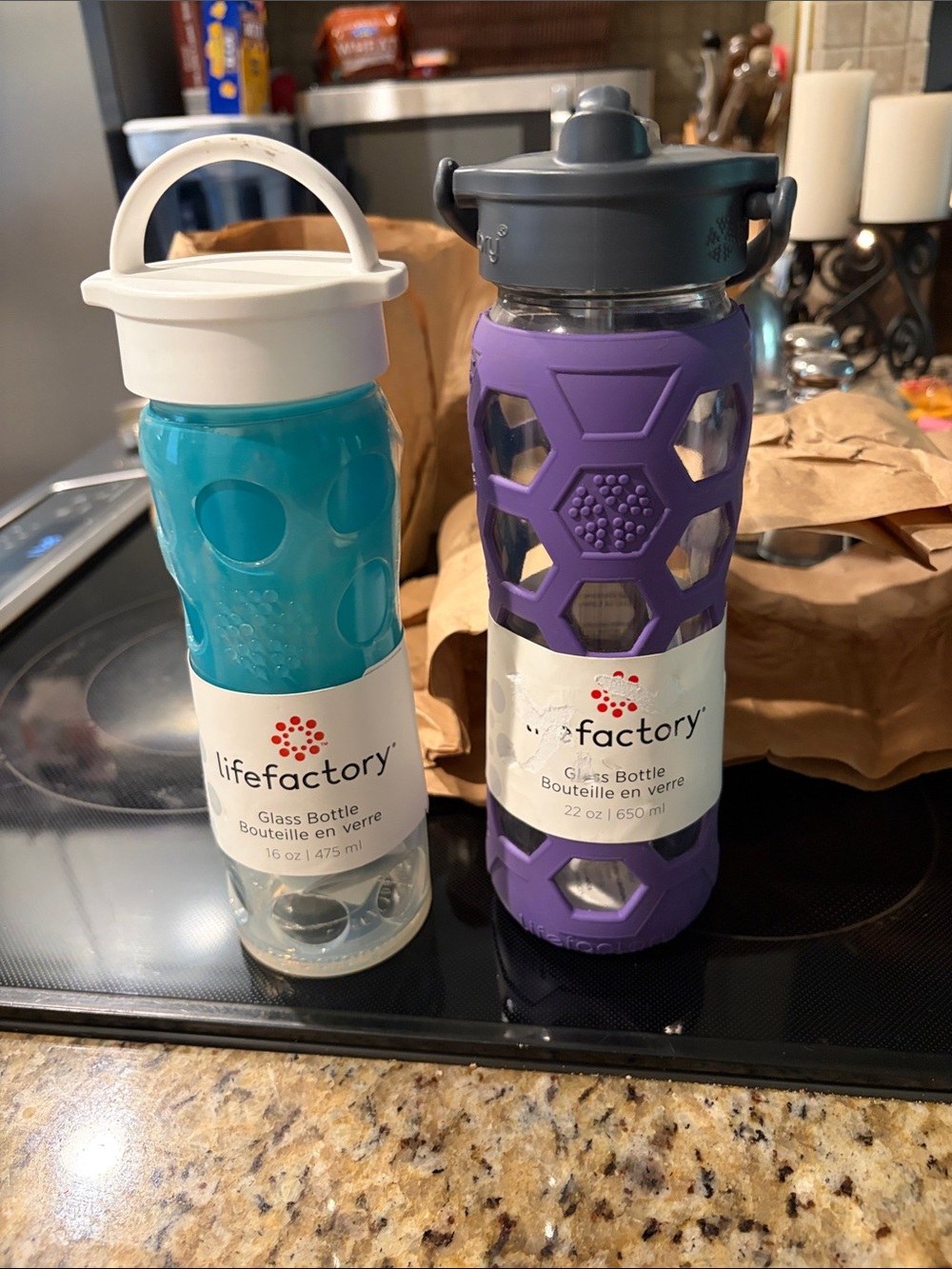 2 Glass Lifefactory Water Bottle with silicone sleeves- 16 oz. and 22 oz